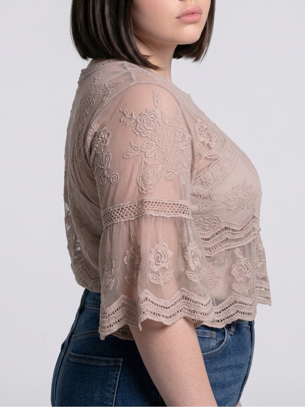 Rebellion Taupe Sheer Lace Floral Peplum Blouse